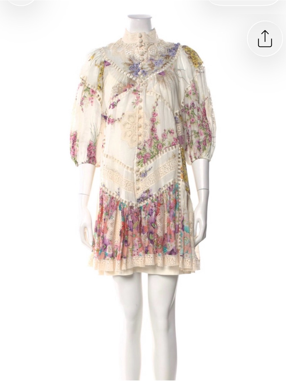 Zimmermann Cream Floral Lace-Trim Puff Sleeve Mini Dress